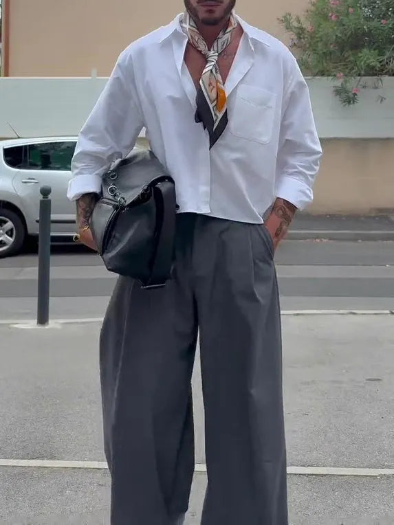 Men's plain grey high waist wide leg full-length polyester casual trousers