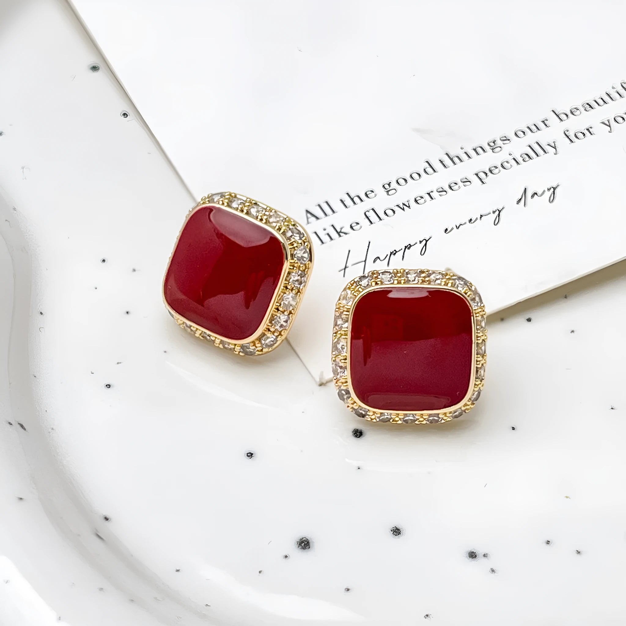 Red square alloy earrings with geometric inlaid design and sweet-cool hybrid style
