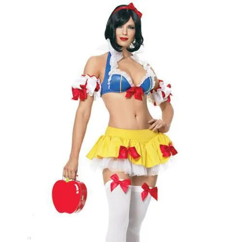 Snow White anime cosplay dress complete set with headdress, top, short skirt, and hand sleeves
