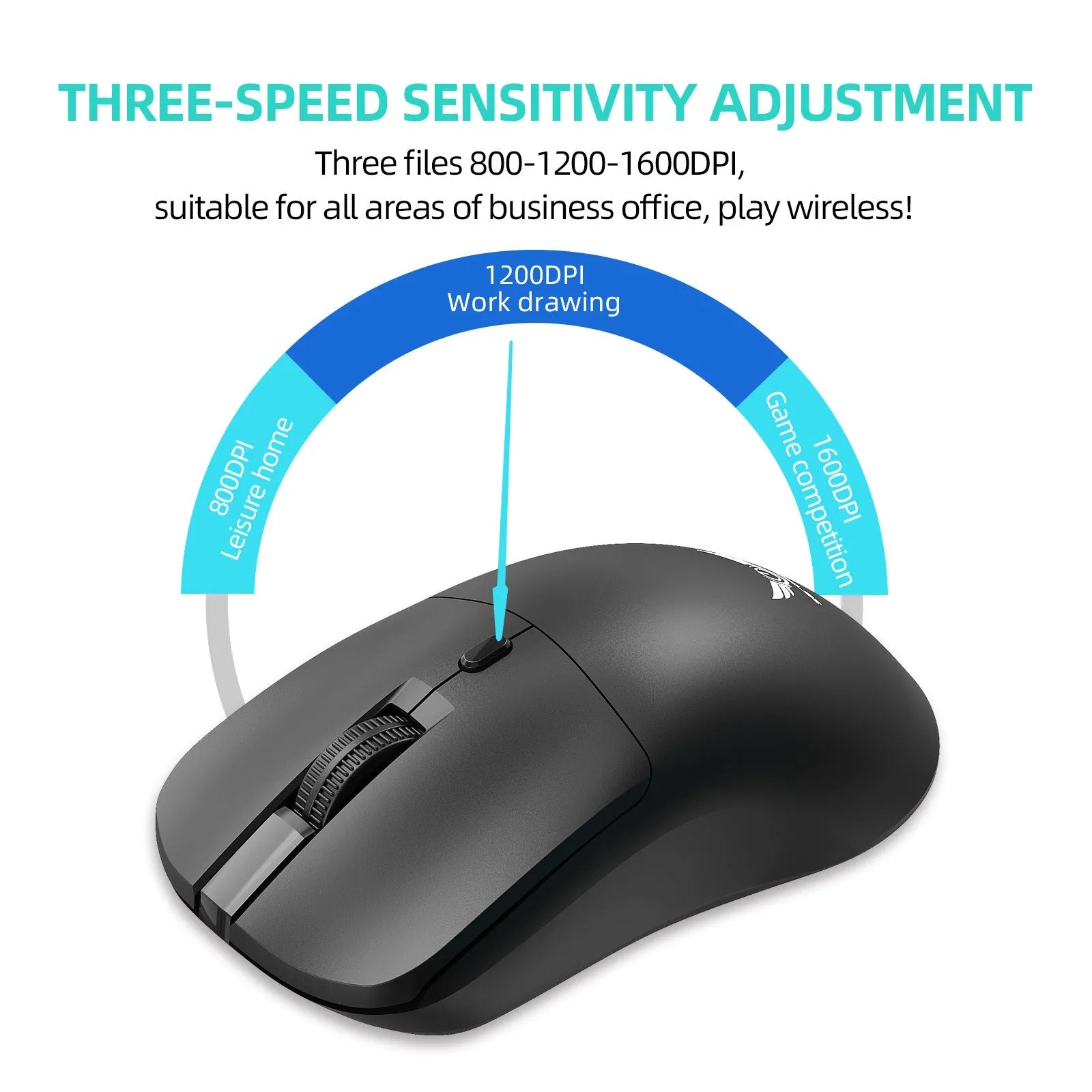 Black wireless mouse with three-gear audio button, photoelectric sensor, and AAA battery compartment