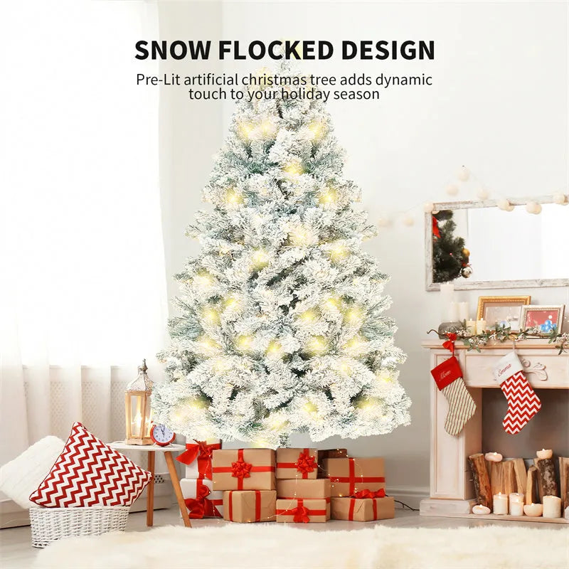 Artificial snow Christmas tree with green and white PVC branches on a metal stand