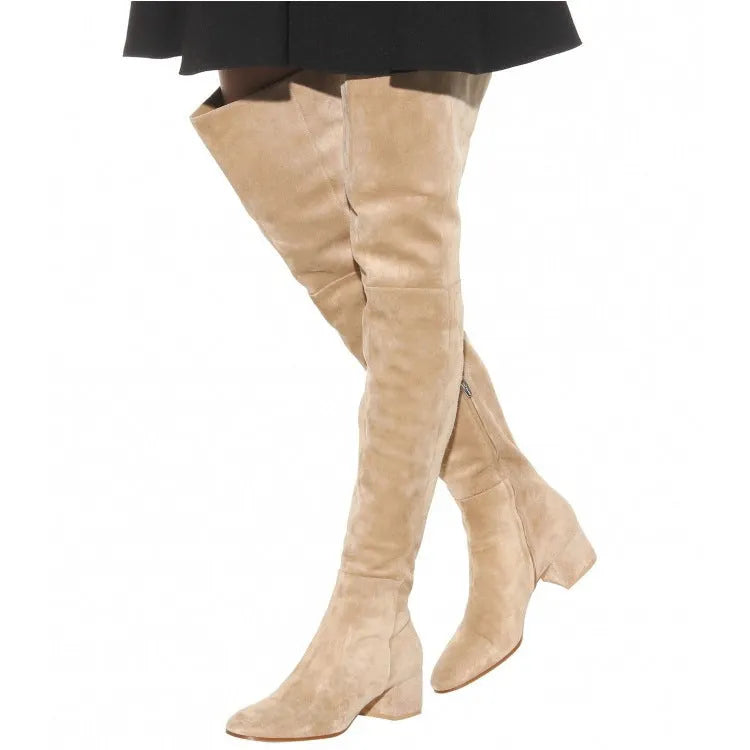 Grey suede women's flat over-the-knee boots with a pointed toe and low thick heel.