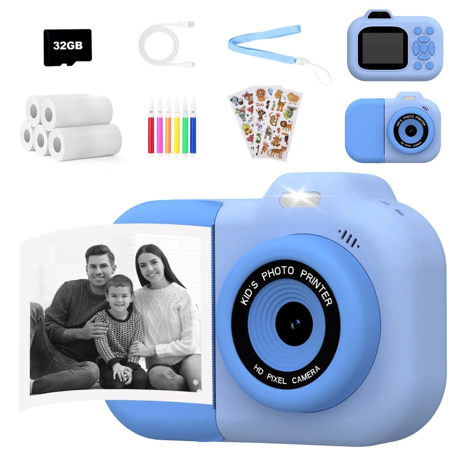 Children's digital camera in blue, pink or purple with video recording and gaming functions