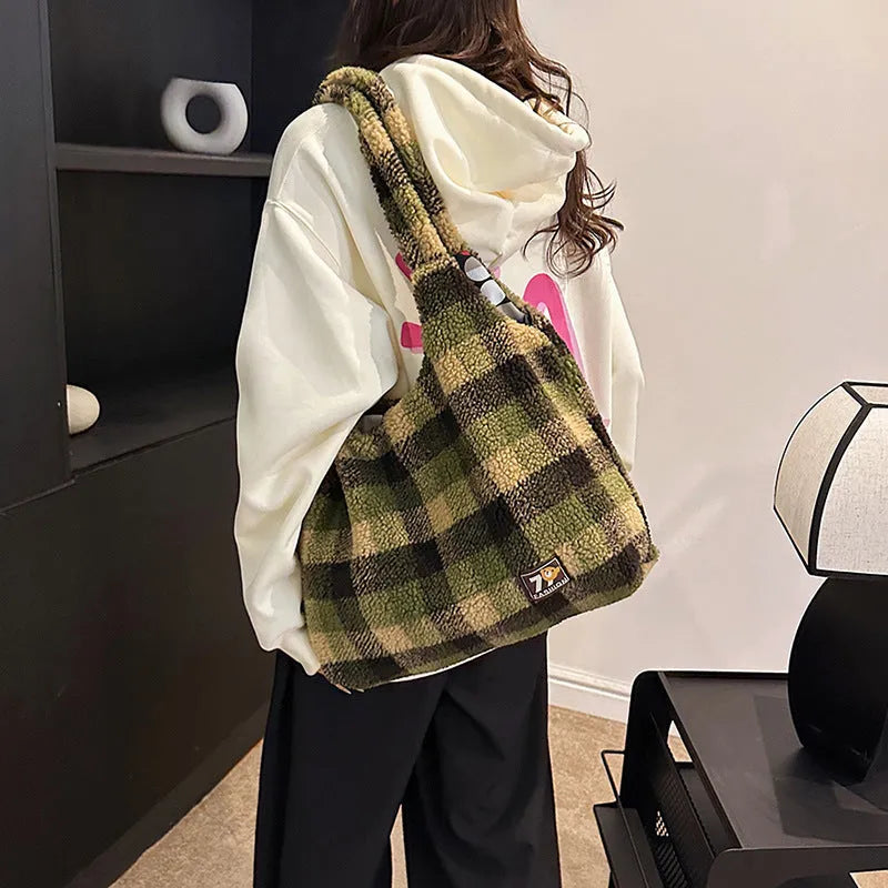 Women's plaid plush crossbody tote bag in army green, orange, or purple with interior organisation pockets