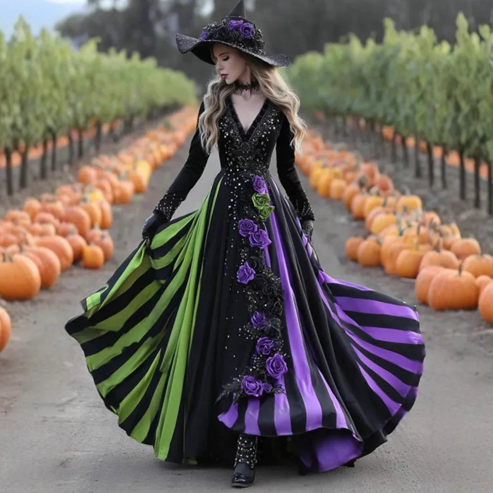 V-neck Long Sleeve Dress Large Swing Dress with High Waist Asymmetric Skirt in Green Purple Patchwork Halloween Dress in Polyester Sizes S to 5XL for Casual Street Fashion Women's Clothing