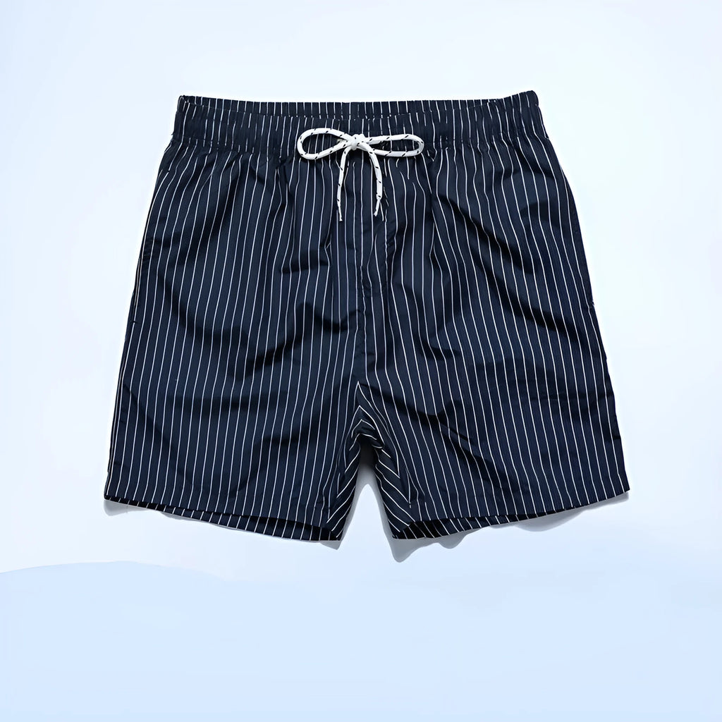 Polyester fibre striped swim shorts in navy blue, grey, khaki, or light blue with straight leg cut