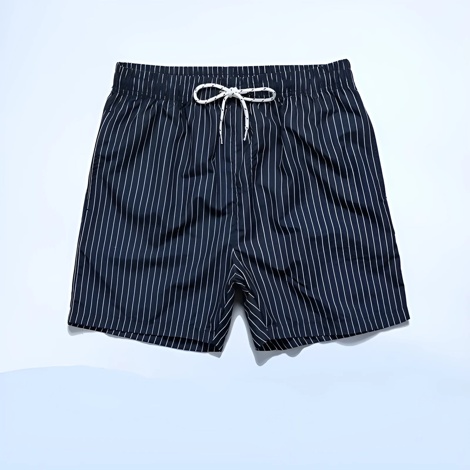 Polyester fibre striped swim shorts in navy blue, grey, khaki, or light blue with straight leg cut