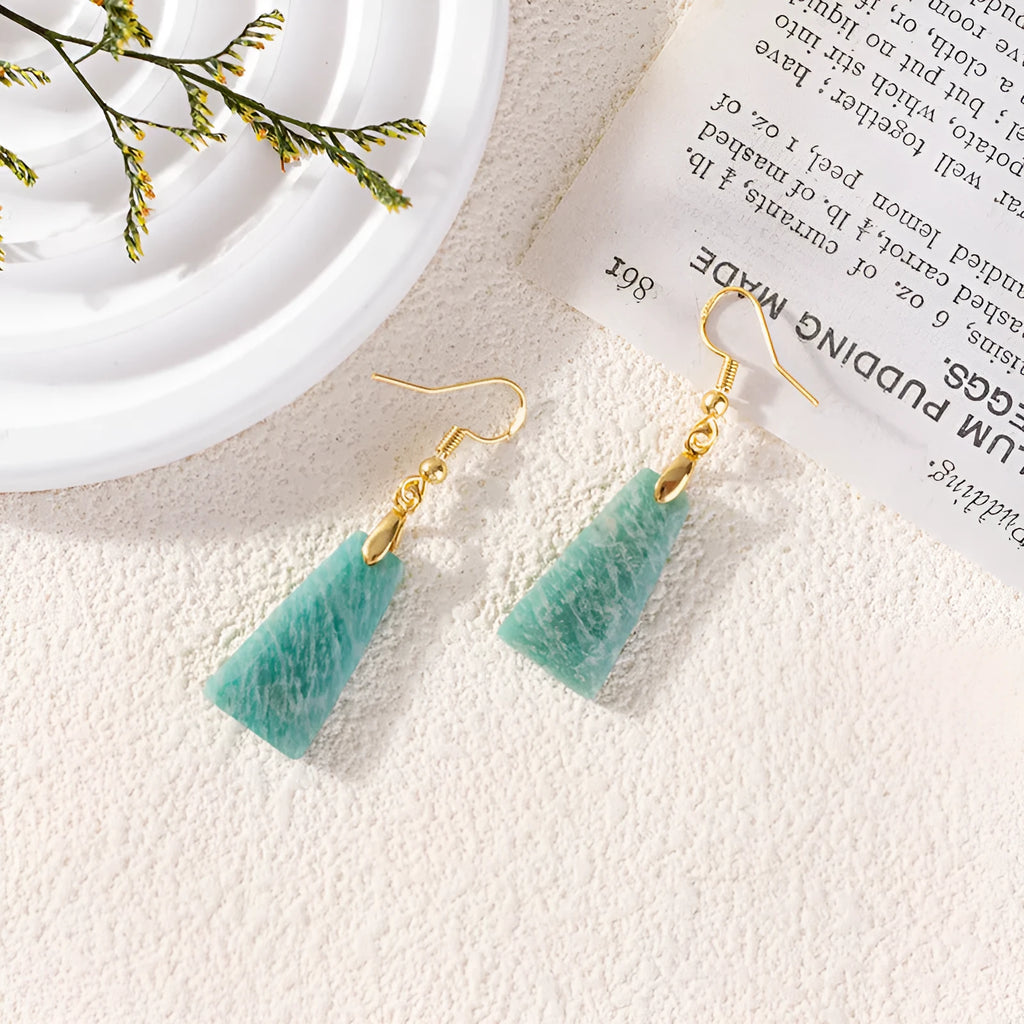 Amazonite rough stone trapezoid earrings with geometric octagon design in gold and silver