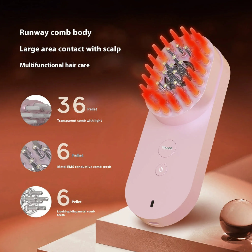 Smart massage comb with red light therapy in pink and black colour options showing compact design