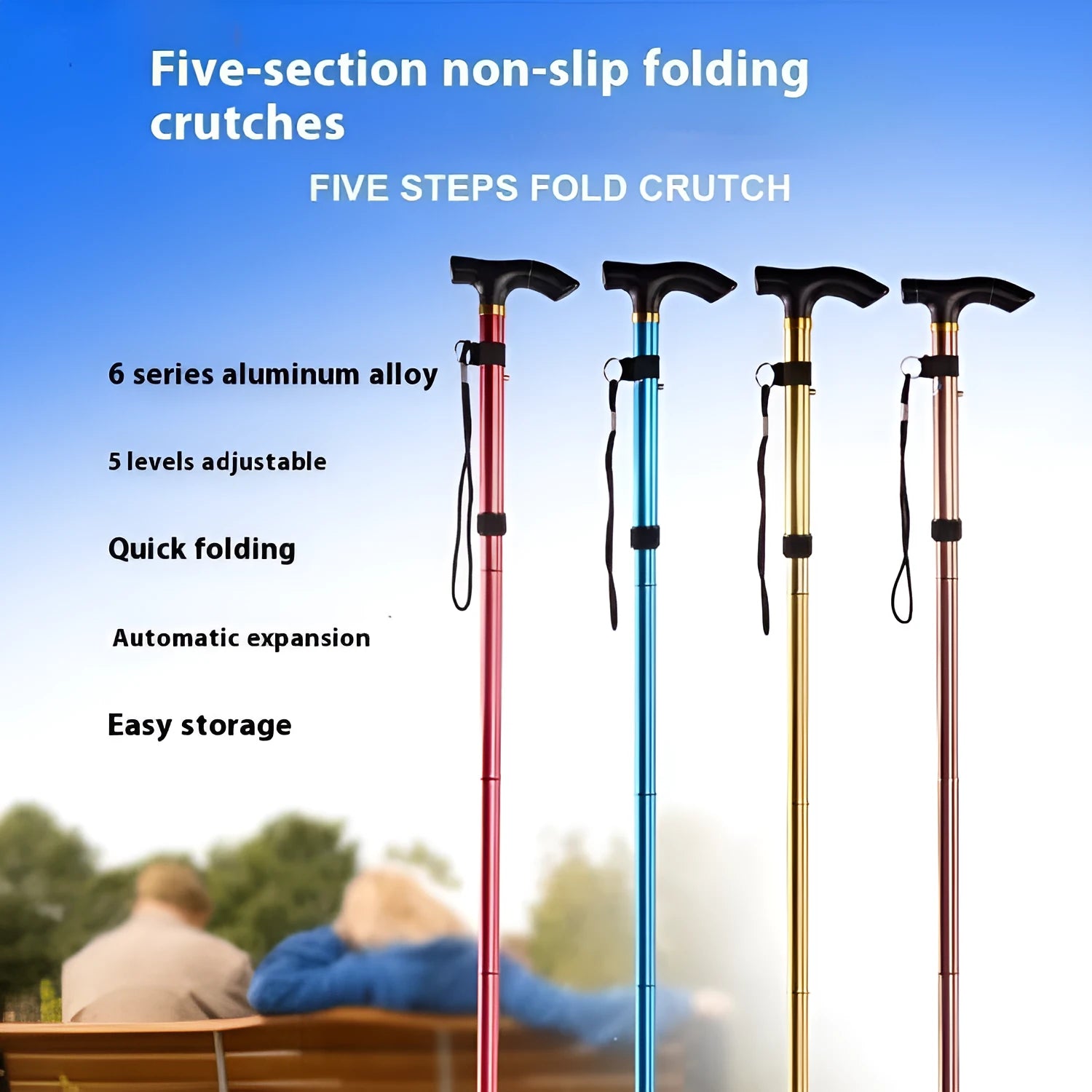 Aluminium folding walking cane extended to show adjustable height and non-slip handle