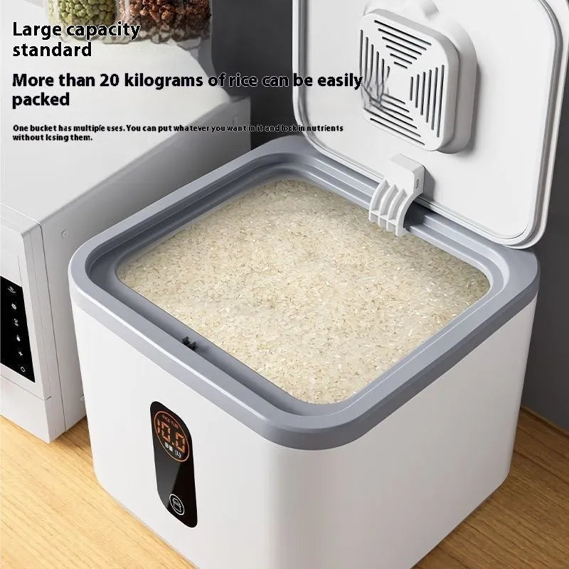 Grey plastic rice storage jar with sealed lid and measuring cup in 10kg, 20kg, and 30kg capacity options