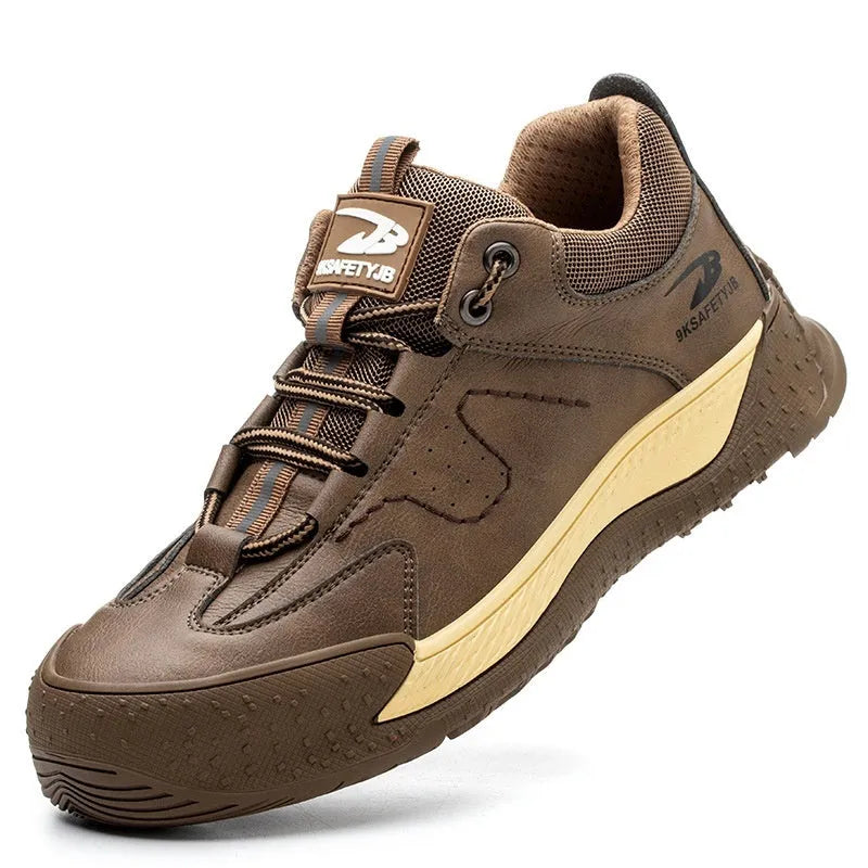 Flyknit leather safety work shoes with rubber soles in black, khaki, grey and insulated brown colour options