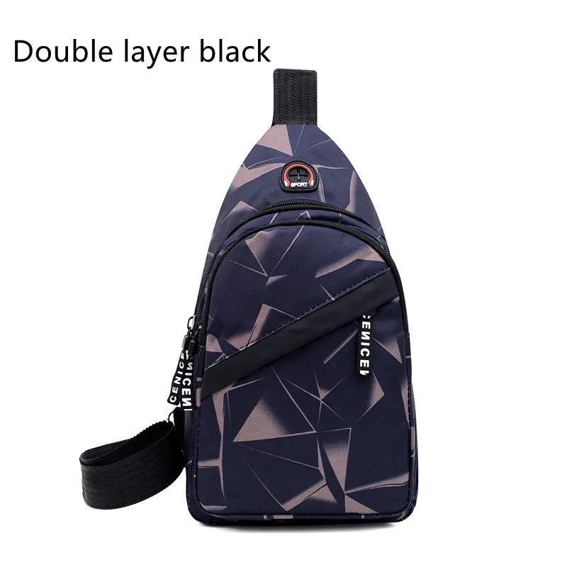Black print sling chest crossbody bag with earphone hole and zipper pocket.