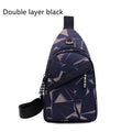 Black print sling chest crossbody bag with earphone hole and zipper pocket.
