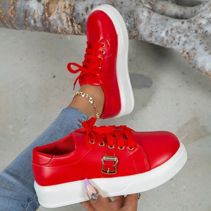 Lace-up flats with metal buckle design, round toe, artificial PU upper, rubber sole, front tie, available in black