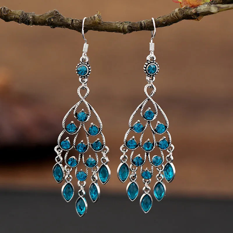 Retro court crystal drop earrings with long purple fringe in ethnic style