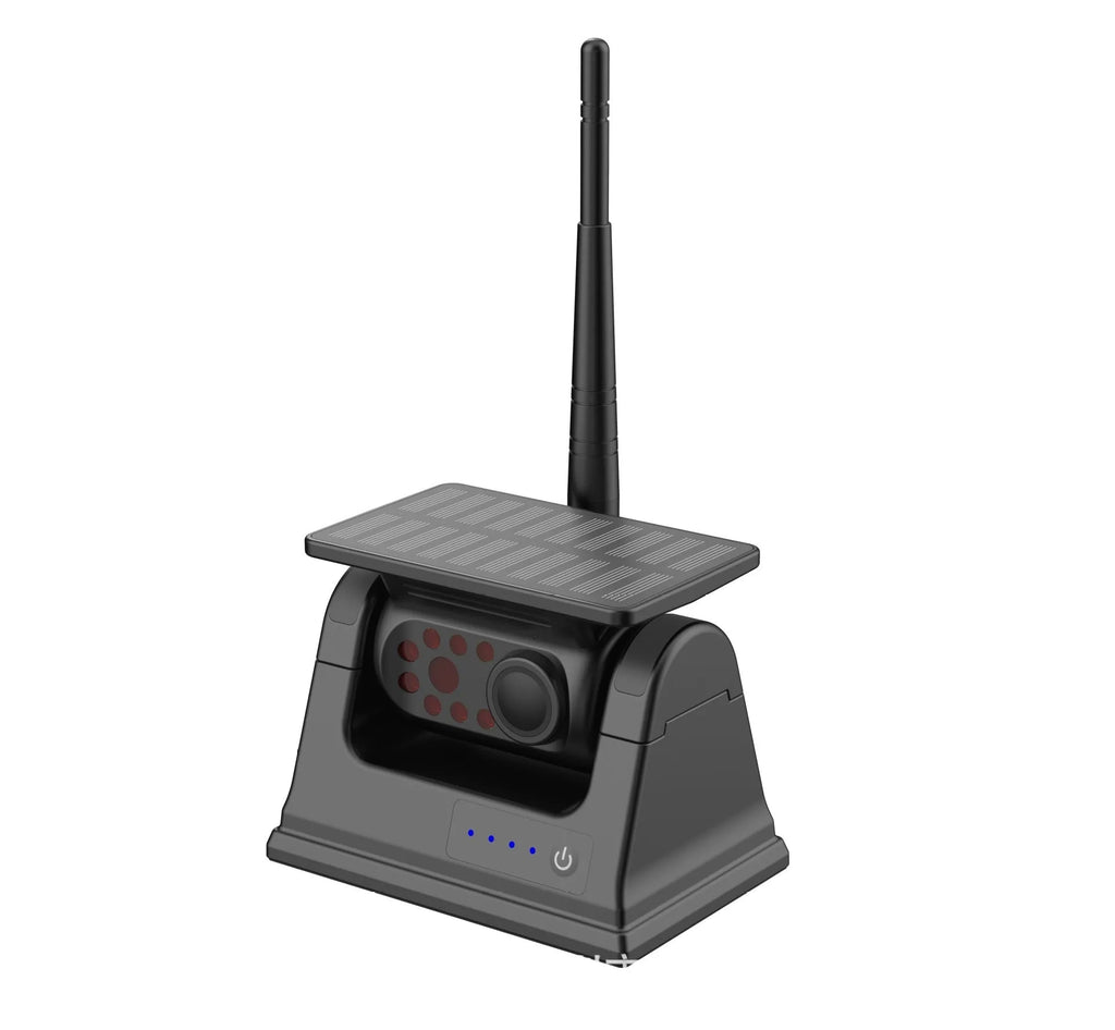 YL-Solar WF908 solar-powered wireless reversing camera with magnet mount on black aluminium alloy shell.