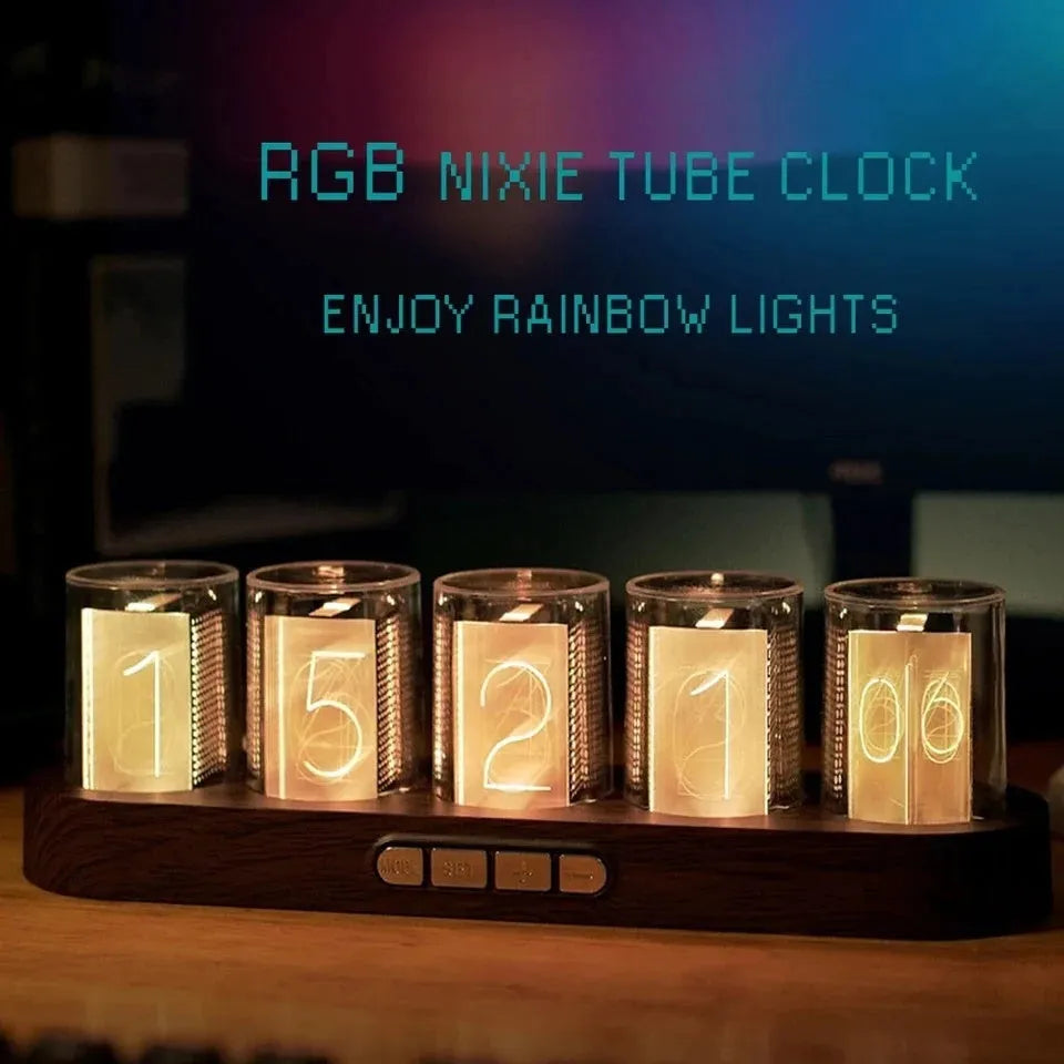 RGB Luminotron LED digital clock in black, white, or wood grain finish showing colourful display on a desk