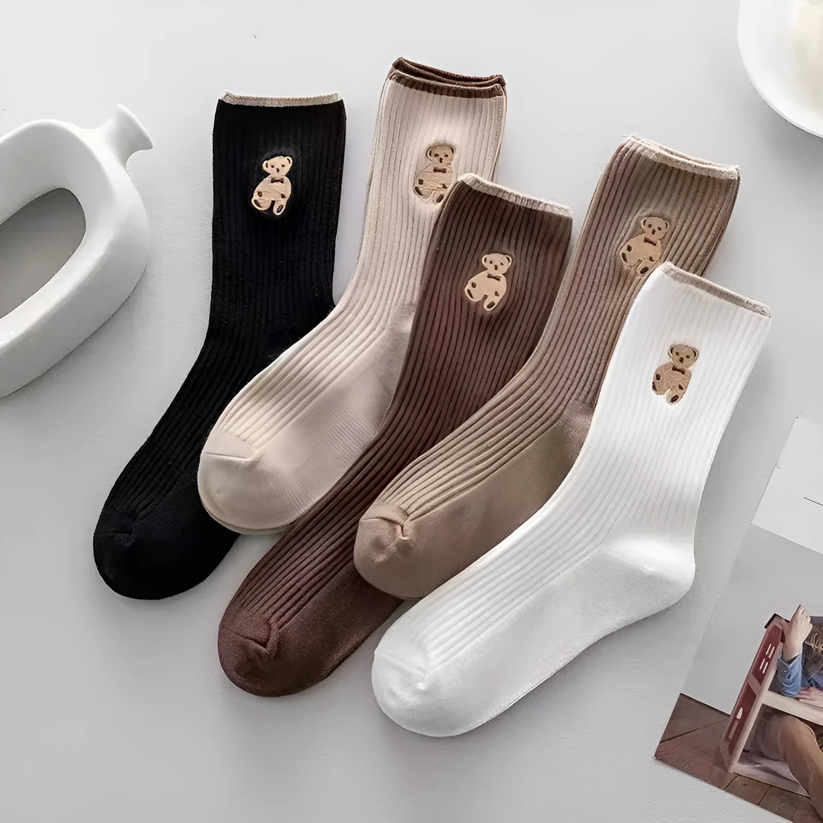 Mid-calf retro Japanese school style bear pattern stack socks for women