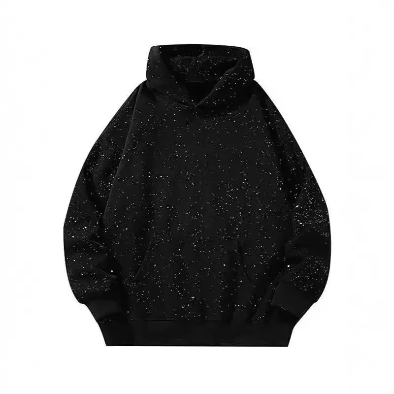 Loose-fit black hooded sweater with starry letter print for men and women