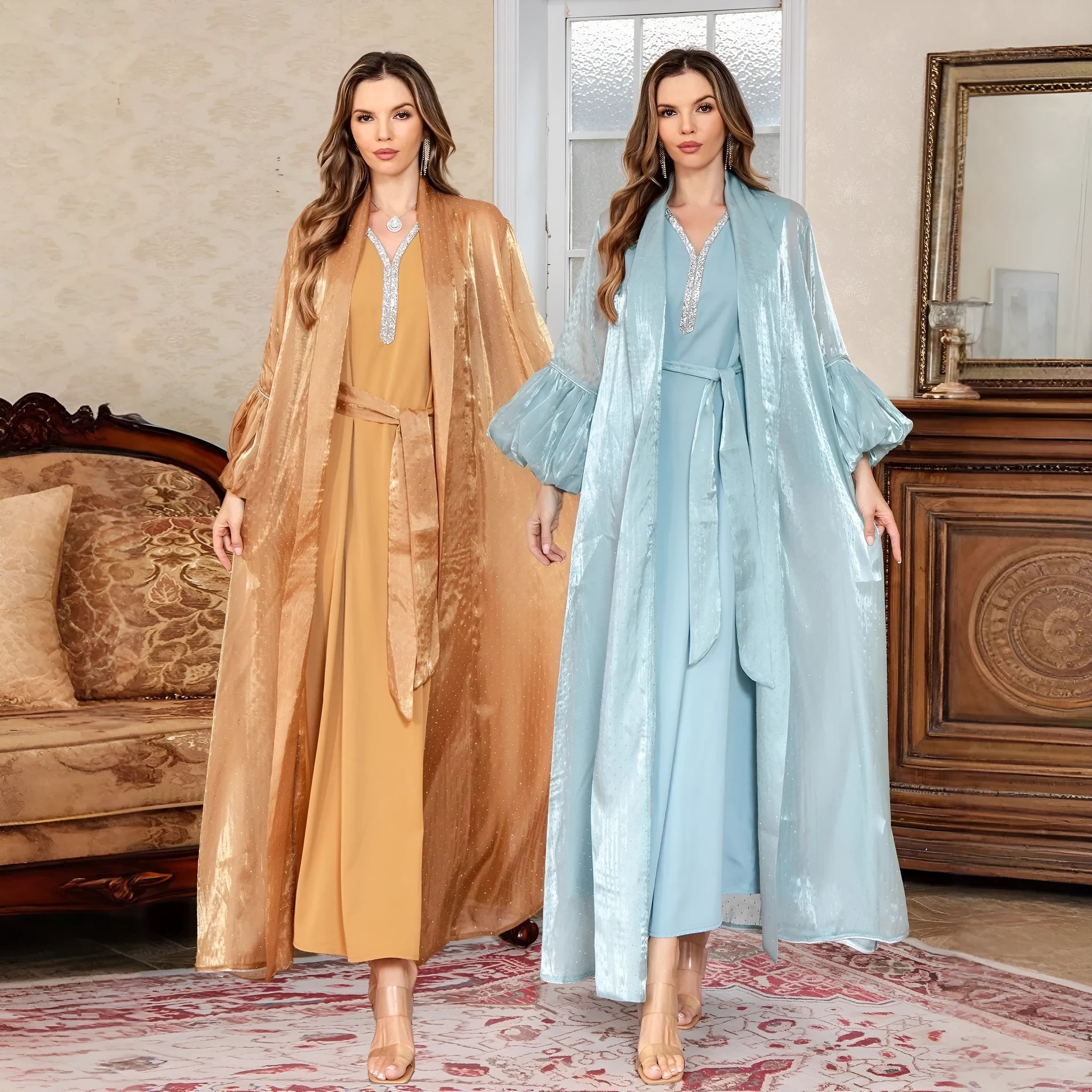 Dubai two-piece dress set with rhinestone detailing in brown colour showing long sleeves and long skirt