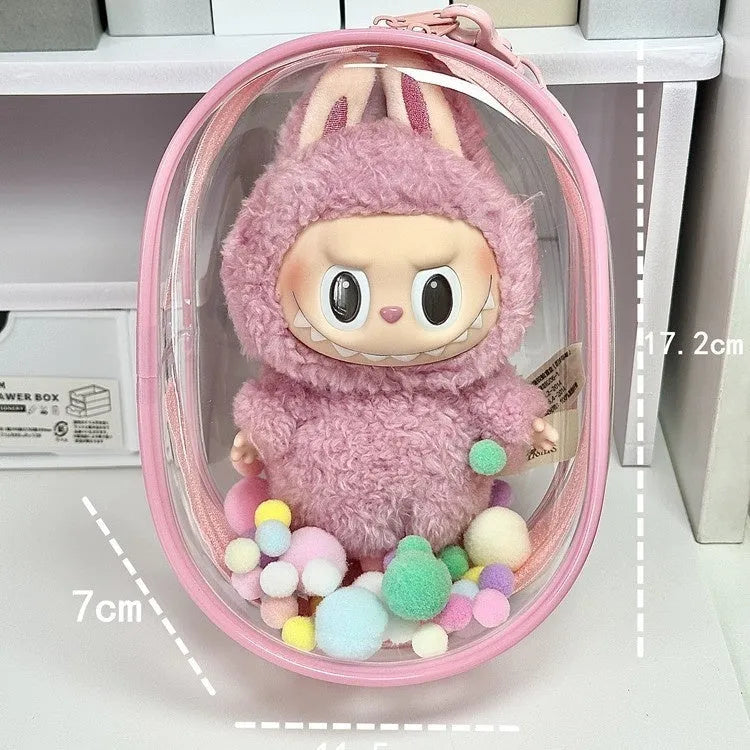 Transparent PVC cartoon backpack storage bag for cotton dolls in cube design