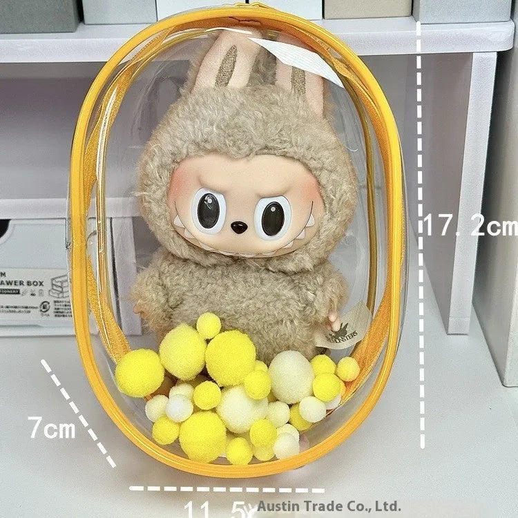 Transparent PVC cartoon backpack storage bag for cotton dolls in cube design