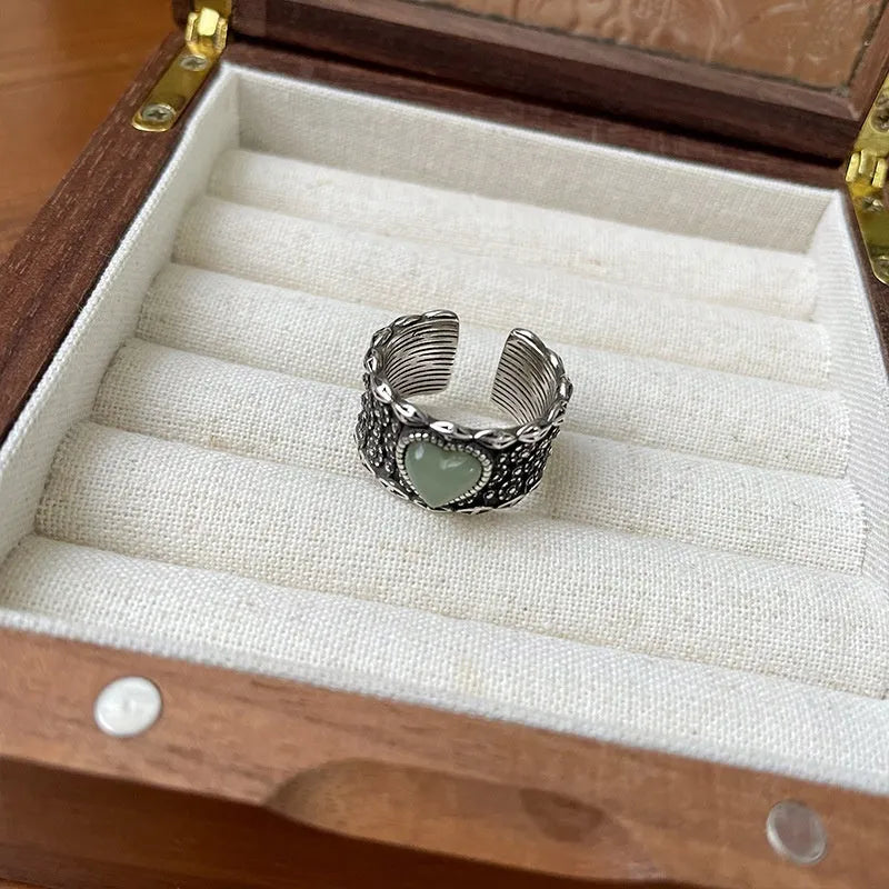 Retro wide-faced adjustable heart ring in white copper plated silver with love design elements