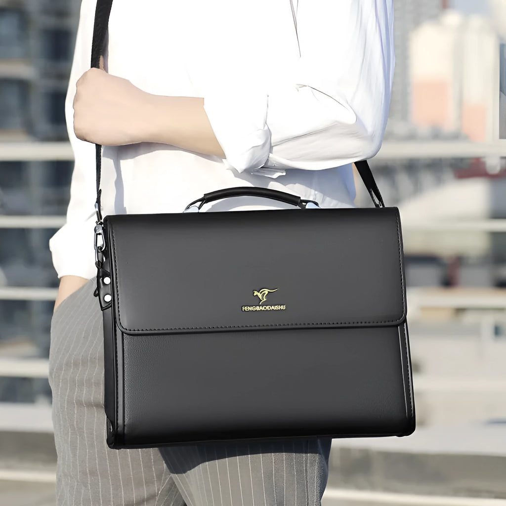 Men's horizontal waterproof PU leather briefcase in black for business commute