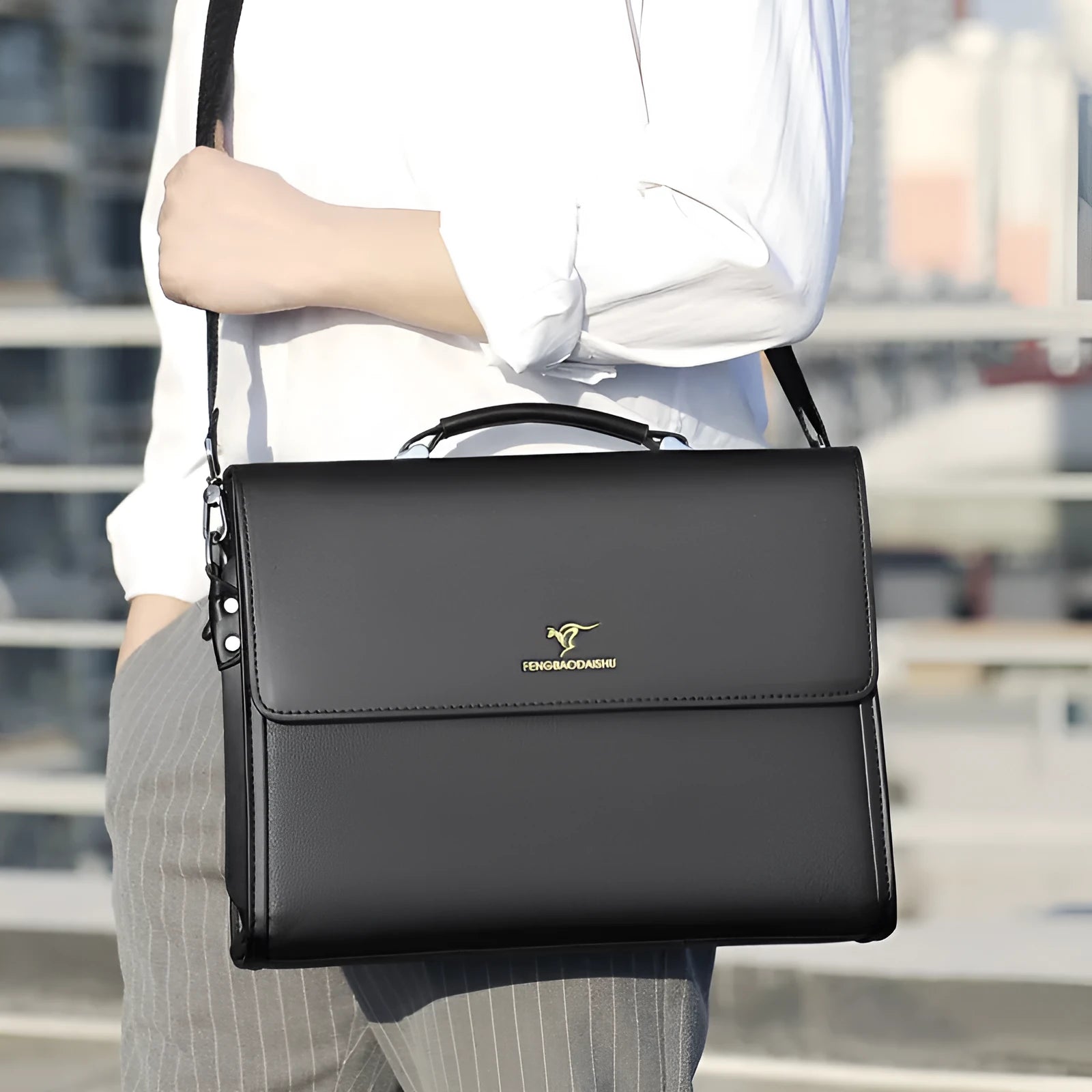 Men's horizontal waterproof PU leather briefcase in black for business commute