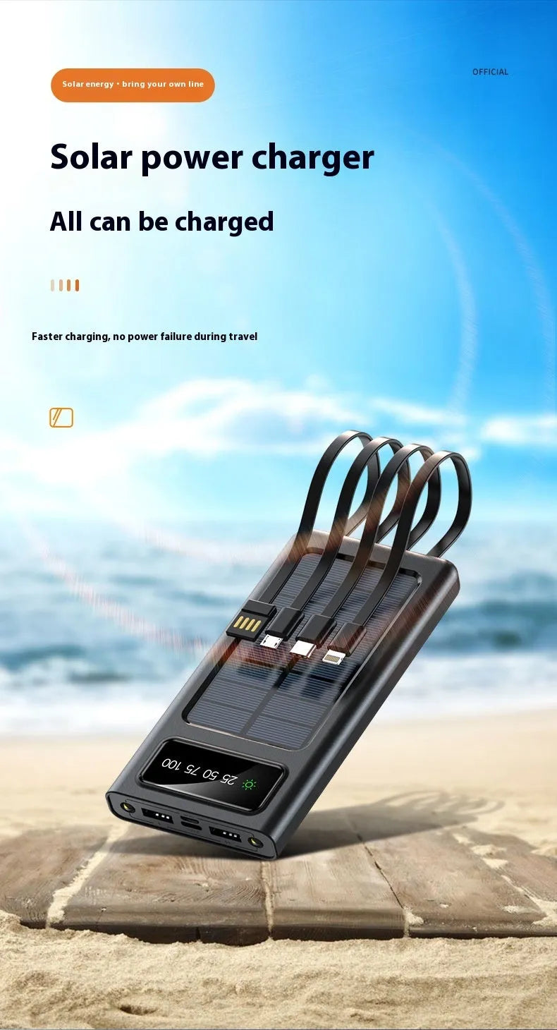 Black and white solar power bank with 20000mAh capacity and charging cable for mobile phones