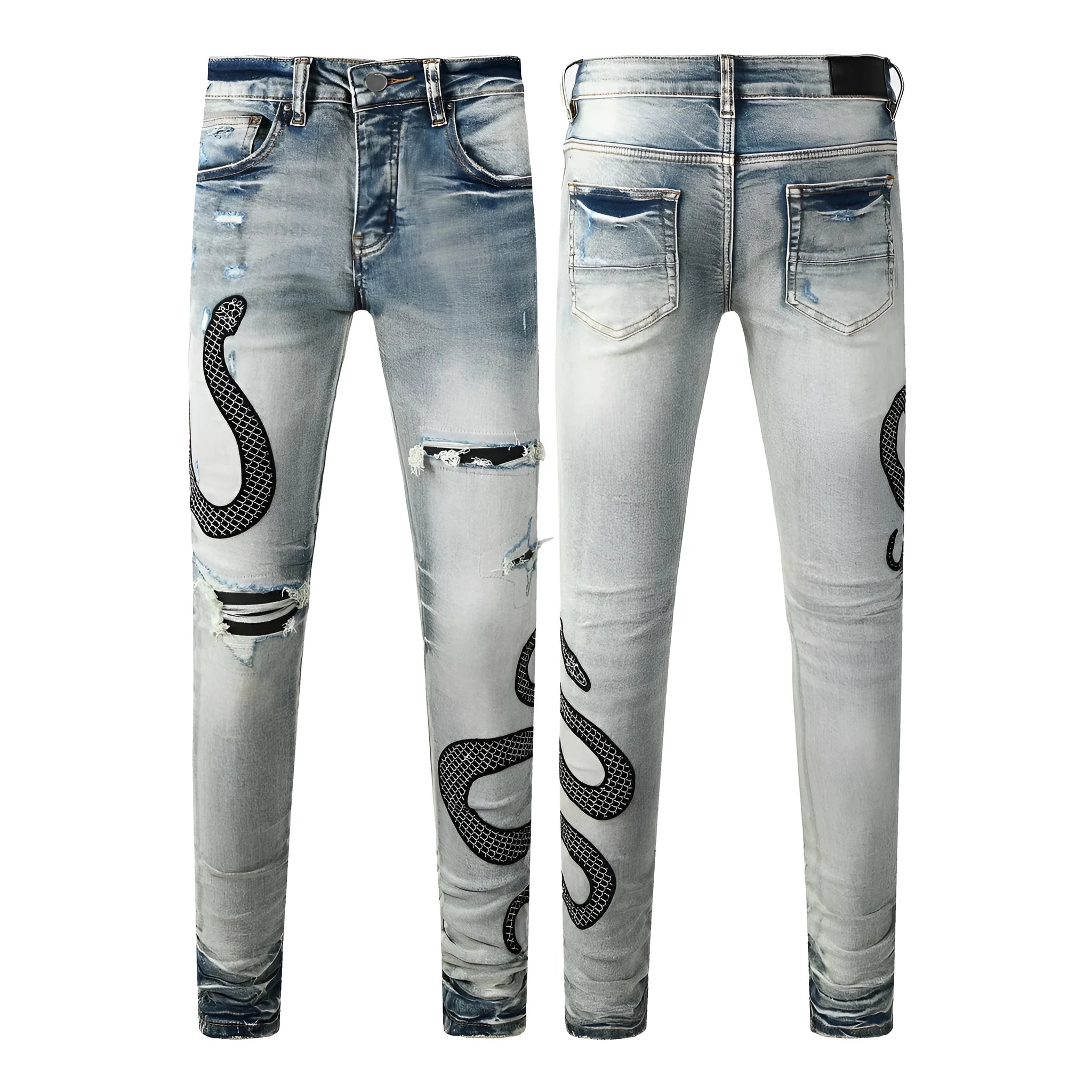 Blue distressed street fashion skinny jeans with a button fly and mid-rise waist on a hanger.