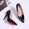 Women's solid colour pointed toe stiletto pump in black with a shallow mouth design