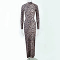 Leopard print long sleeve dress with stand collar and high waist design in milk silk polyester fabric