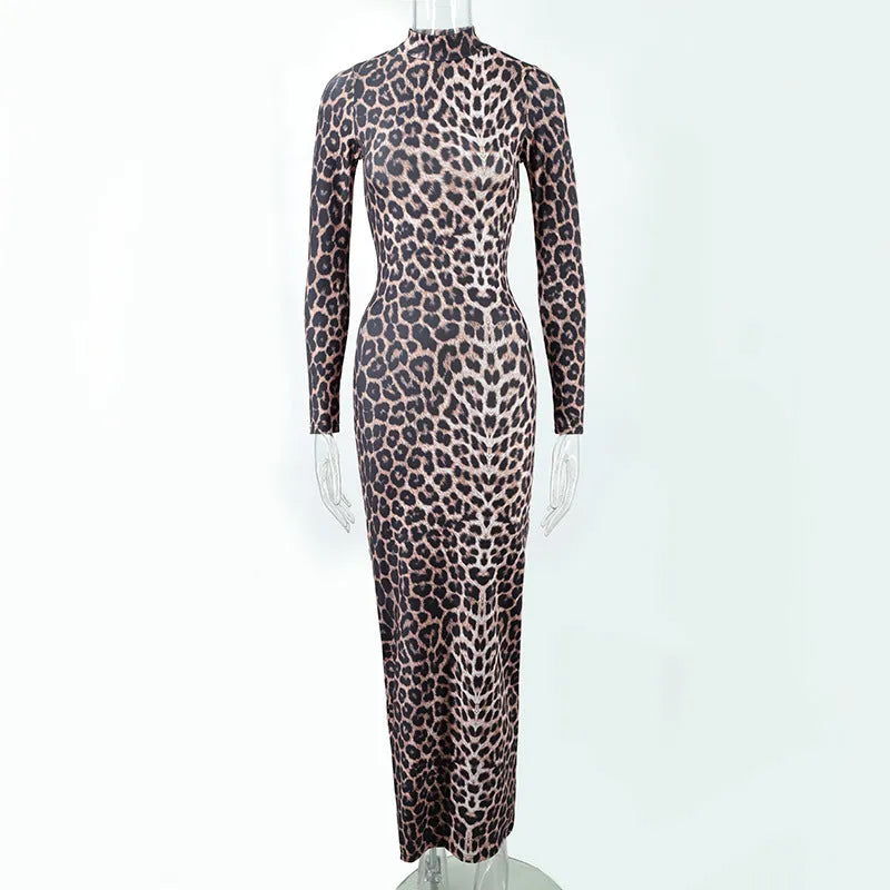 Leopard print long sleeve dress with stand collar and high waist design in milk silk polyester fabric