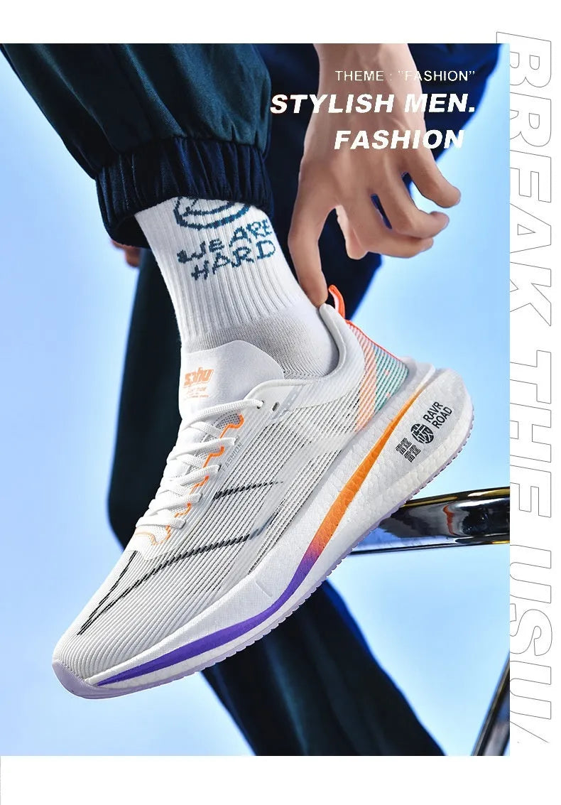 Unisex breathable shockproof running shoes in orange and white with striped pattern and rubber sole
