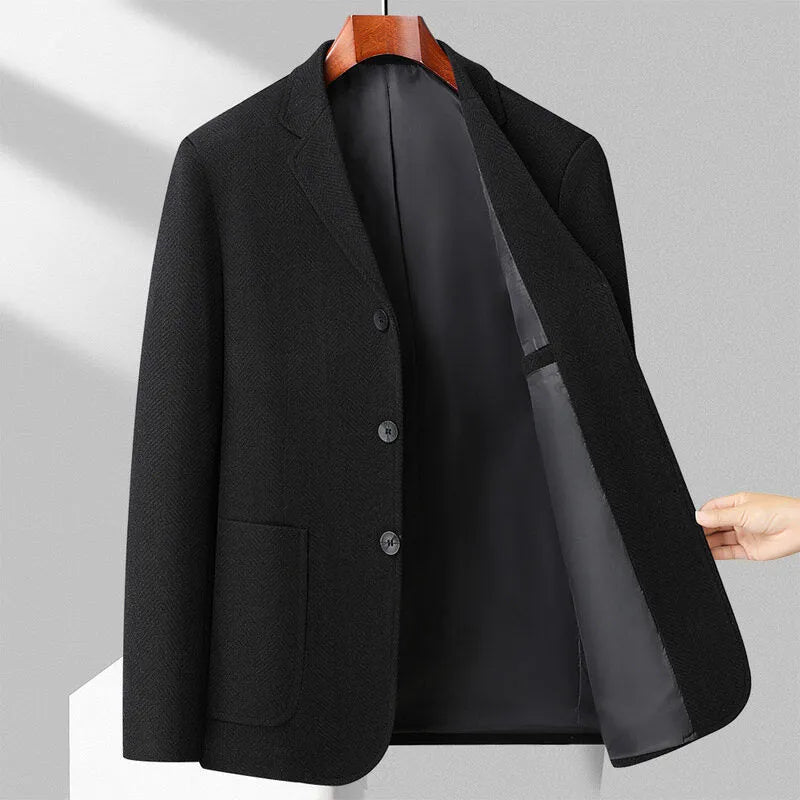 Men's loose fit polyester coat in black colour showing simple solid design for casual wear