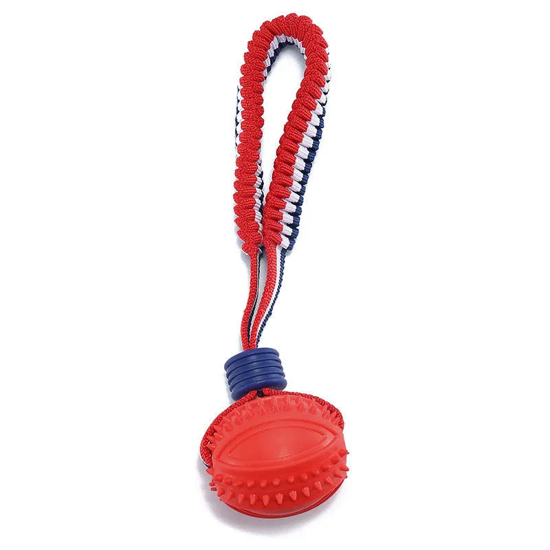 Blue natural rubber dog ball with rope attachment for small medium dogs