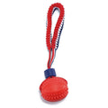 Blue natural rubber dog ball with rope attachment for small medium dogs