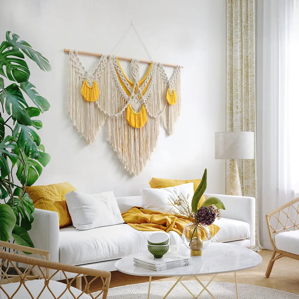 Nordic style creamy white cotton tapestry hand woven textile 120cm by 95cm rectangle wall hanging
