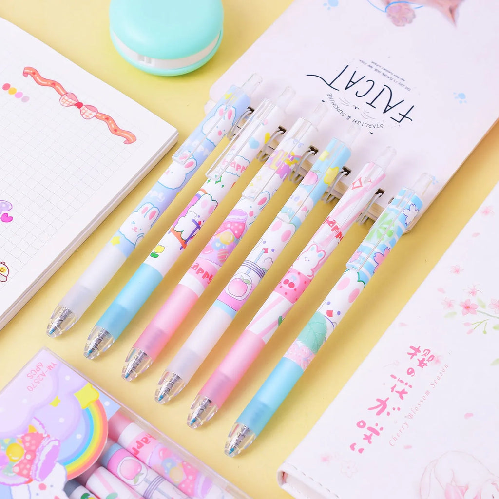 Six black plastic pens with cartoon bunny designs and 0.5mm tips laid side by side.