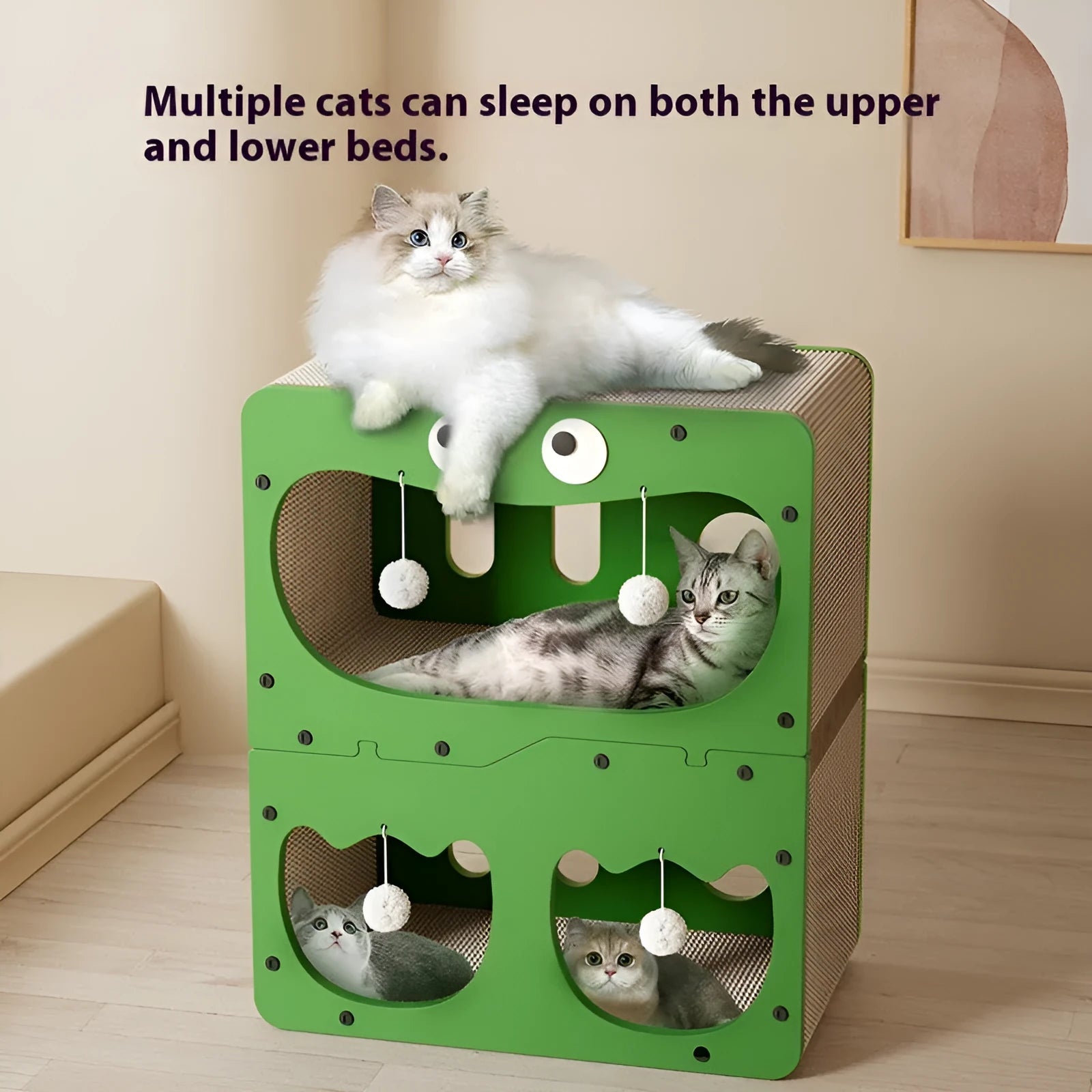 Double-layer cat scratching board with integrated cat nest in primary colours