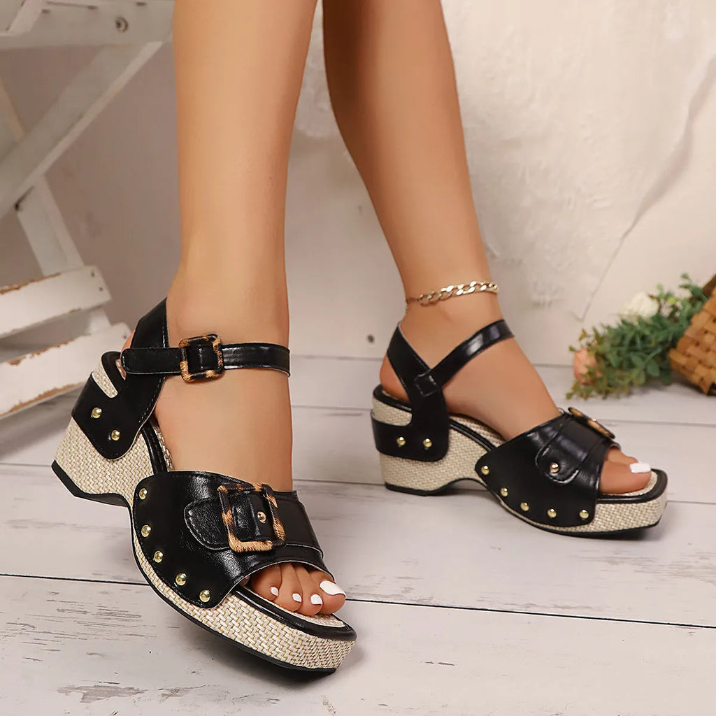 Women's white buckle sandals with chunky heel and square toe design