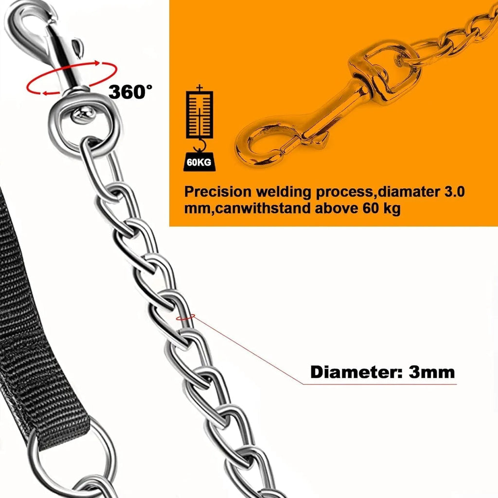 Heavy duty metal dog leash chain with soft black padded handle, shown in red colour.