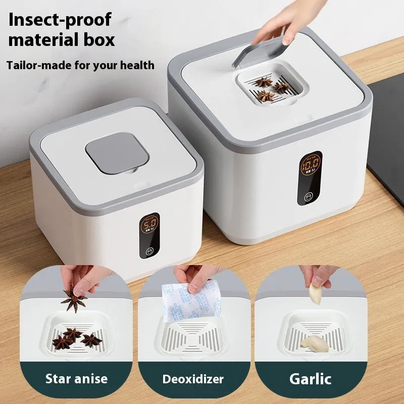 Grey plastic rice storage jar with sealed lid and measuring cup in 10kg, 20kg, and 30kg capacity options