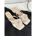 Women's chunky heel square toe sandals in satin with one-line strap design