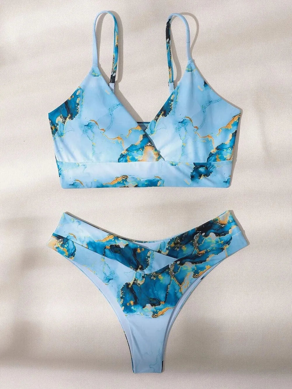 Women's marble print high-waist bikini set with U-neck top in separated swimwear design