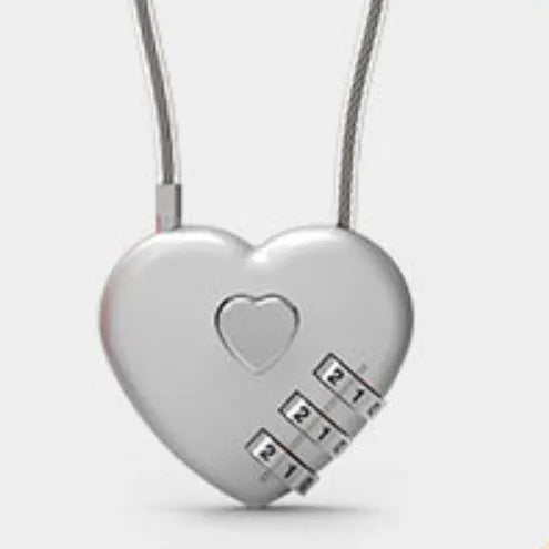 Peach heart-shaped cable lock with a long steel rope, shown in various colours including red, blue, and gold.