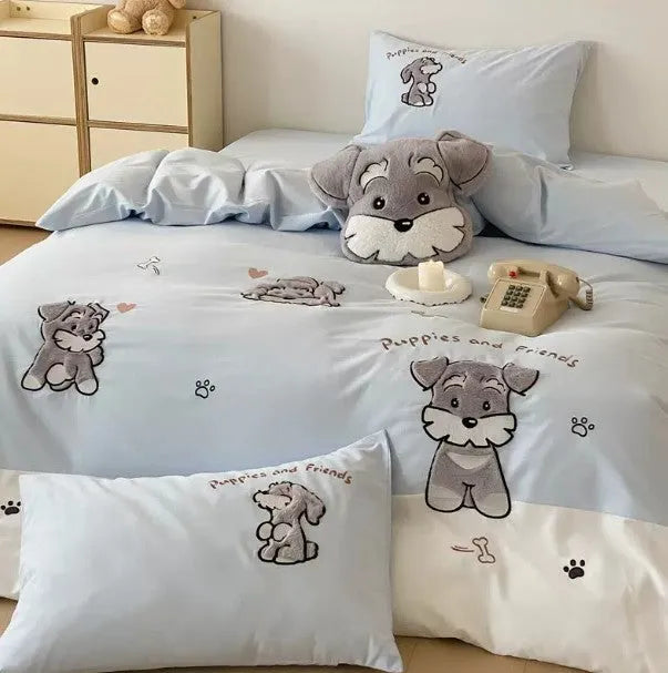 Schnauzer cartoon pattern four-piece bedding set with embroidered details on thickened cotton fabric