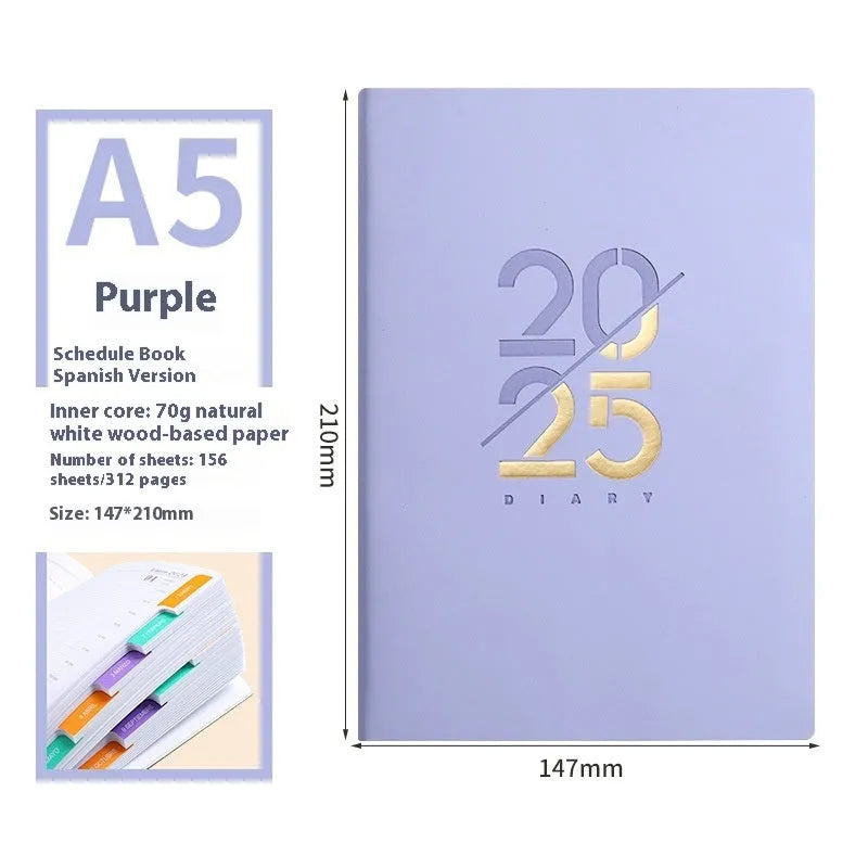 A5 daily planner notebook with faux leather cover open on a desk